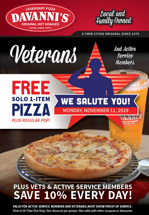 Offering a free Solo 1-Item Pizza and Fountain Drink to all Veterans and Active Service Members on Veterans Day